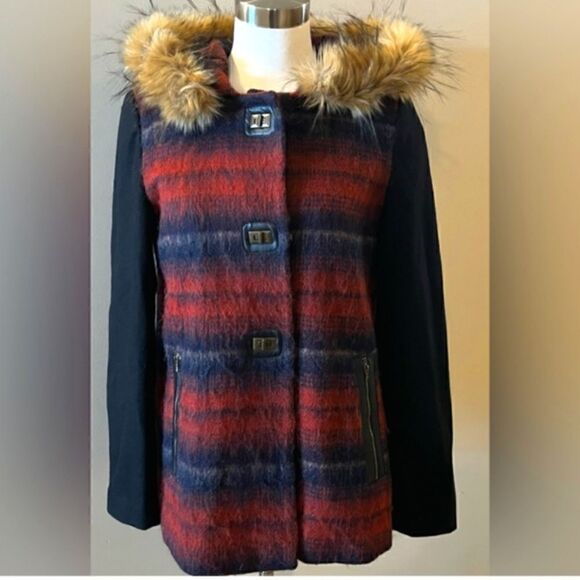 Elevenses Wool blend Hooded Coat with Detachable Faux Fur Tartan Sz XSMALL - Picture 6 of 16